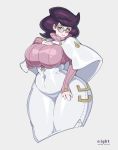  1girl :&gt; breasts covered_navel curvy eight_(upright-infinity) fat glasses green_eyes looking_at_viewer plump pokemon pokemon_(game) pokemon_sm purple_hair smile solo thick_thighs thighs turtleneck turtleneck_sweater vicke_(pokemon) wide_hips 