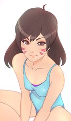  1girl bare_shoulders breasts brown_eyes brown_hair cleavage d.va_(overwatch) highres light_smile looking_at_viewer overwatch small_breasts smile solo superboin thighs white_background 