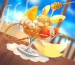  alolan_raichu cream food fruit highres honey honey_dipper in_food kikuyoshi_(tracco) no_humans orange pokemon pokemon_(creature) pokemon_(game) pokemon_sm raichu strawberry 