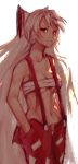  1girl asuzemu backlighting bandages bare_shoulders closed_mouth cowboy_shot expressionless fujiwara_no_mokou hair_ribbon hand_in_pocket long_hair looking_at_viewer navel no_shirt red_eyes ribbon sarashi solo suspenders touhou very_long_hair white_background 