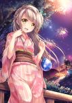  1girl aerial_fireworks ball bangs blunt_bangs braid brown_eyes brown_hair eyebrows eyebrows_visible_through_hair festival fireworks floral_print french_braid from_below japanese_clothes kimono long_hair looking_at_viewer love_live! love_live!_school_idol_project minami_kotori night obi one_side_up open_mouth outdoors sash smile solo star_(sky) summer_festival torii tree vashaps2 water_yoyo yukata 