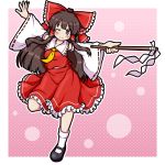  1girl ascot black_shoes bow brown_eyes brown_hair commentary_request detached_sleeves eruru_(erl) full_body gohei hair_bow hair_tubes hakurei_reimu highres long_hair looking_at_viewer mary_janes no_nose one_eye_closed outstretched_arms pink_background red_bow red_shirt red_skirt shirt shoes sidelocks skirt smile socks solo spread_arms touhou wide_sleeves 