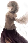 1girl blush braid commentary_request cowboy_shot feathered_wings finger_to_mouth from_behind grey_hair highres jacket kishin_sagume looking_at_viewer looking_back profile purple_skirt red_eyes short_hair single_wing skirt smile solo thkani touhou white_wings wings 