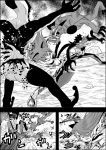  1girl animal_ears battle blood cat_ears cat_tail comic extra_ears fingernails greyscale highres kaenbyou_rin kicking monochrome monster multiple_tails nekomata niiko_(gonnzou) nude sharp_fingernails tail touhou 