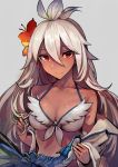  1girl ahoge alternate_costume bikini_top blonde_hair breasts cleavage commentary_request dark_skin flower front-tie_bikini front-tie_top granblue_fantasy hair_flower hair_ornament hand_in_hair hibiscus highres large_breasts long_hair looking_at_viewer off_shoulder orange_eyes robe sketch smile solo spaghetti_strap the_order_grande upper_body walzrj 