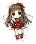  +_+ 1girl bed_sheet bell blush brown_eyes brown_hair chibi dress frilled_dress frills gloves hand_on_own_face long_hair long_sleeves looking_at_viewer lying maplestory_2 verjuice 