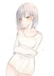  1girl bangs blunt_bangs blush breasts collarbone cowboy_shot crossed_arms grey_eyes long_sleeves looking_at_viewer lp_(hamasa00) no_pants original parted_lips short_hair silver_hair simple_background sleeves_past_wrists small_breasts solo standing sweater thigh_gap thighs white_background 
