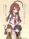  3girls ahoge black_hair braid brown_eyes brown_hair chibi closed_eyes commentary_request hair_over_shoulder hands_on_another&#039;s_head hands_on_own_face heart huge_ahoge jitome kantai_collection kitakami_(kantai_collection) kuma_(kantai_collection) long_hair multiple_girls neckerchief nor_nao ooi_(kantai_collection) sailor_collar school_uniform serafuku shirt short_sleeves shorts single_braid smile sweatdrop translated younger 