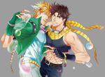  2boys belt blonde_hair brown_hair bubble caesar_anthonio_zeppeli clacker crop_top goggles goggles_around_neck green_eyes grin headband jacket jojo_no_kimyou_na_bouken joseph_joestar_(young) male_focus midriff multiple_boys muscle open_mouth scarf smile striped striped_scarf warabi_mk501 winged_hair_ornament 