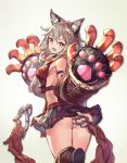  1girl :d animal_ears ass bangs bare_shoulders black_skirt blush breasts cat_ears cat_paws claw_(weapon) erun_(granblue_fantasy) fang from_behind gloves granblue_fantasy grey_hair hair_between_eyes looking_back medium_breasts microskirt open_mouth orange_eyes panties pantyshot pantyshot_(standing) paw_gloves paws pleated_skirt sen_(granblue_fantasy) short_hair sideboob skirt smile solo standing underwear weapon yoshimo1516 