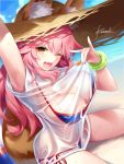  1girl animal_ears beach bikini blue_bikini blush bracelet breasts cleavage clouds fang fate/grand_order fate_(series) fox_ears fox_tail hat jewelry kousaki_rui large_breasts long_hair looking_at_viewer open_mouth pink_hair see-through_silhouette shirt shirt_pull side-tie_bikini signature sky smile solo straw_hat swimsuit tail tamamo_(fate)_(all) tamamo_no_mae_(fate) wet wet_clothes wet_shirt wink yellow_eyes 