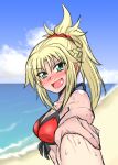  bare_arms bare_hand bare_shoulders beach bikini bikini_top blonde_hair blush breasts cleavage colored commentary_request fate_(series) green_eyes hair_ornament highres holding_hands long_hair looking_at_viewer mitsurugi_tsurugi ocean open_mouth ponytail red_bikini ribbon saber_of_red sweat sweatdrop swimsuit teeth tongue water 