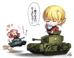  ... 0_0 2girls anger_vein animal_ears blonde_hair braid churchill_(tank) closed_eyes commentary_request crusader_(tank) cup darjeeling dog_ears dog_tail drinking_glass french_braid girls_und_panzer jumping kemonomimi_mode kws military military_uniform military_vehicle multiple_girls open_mouth pink_hair rosehip simple_background speech_bubble spoken_ellipsis tail tail_wagging teacup translation_request uniform white_background 