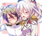  1boy 1girl admiral_(kantai_collection) blush brown_hair chihiro_(oimo) gloves grimace hand_on_another&#039;s_head hat kantai_collection kashima_(kantai_collection) military military_uniform naval_uniform open_mouth red_eyes silver_hair squiggle twintails uniform violet_eyes 