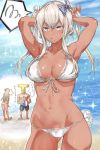  /\/\/\ 1boy 1girl abs absurdres adjusting_hair alternate_costume armpits arms_up ball bare_arms bare_legs bare_shoulders barefoot beachball bikini bikini_tan bow breasts cleavage commentary_request front-tie_bikini front-tie_top graf_zeppelin_(kantai_collection) highres kantai_collection large_breasts long_hair looking_at_viewer striped striped_bow swimsuit t-head_admiral tan tanline translation_request white_bikini yakitomeito 