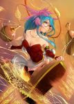  1girl ars_nova_(p&amp;d) bare_shoulders blue_hair book collarbone desuko detached_sleeves halo head_wings long_hair magic_circle monocle orange_eyes pages puzzle_&amp;_dragons red_legwear solo thigh-highs yellow_eyes 