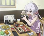  1girl ahoge bowl buttons casual chair chewing chopsticks crumbs cup curry drinking_glass eating eyebrows eyebrows_visible_through_hair fish food frills glass hair_ornament hair_scrunchie long_hair low-tied_long_hair menu_board pepper_shaker pink_shirt plate restaurant rice scrunchie senki_zesshou_symphogear shirt signature sitting sleeveless sushi table tonkatsu tray twintails tyuga very_long_hair violet_eyes white_hair yukine_chris 