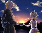  1boy 1girl akitou_(4078513) blonde_hair brother_and_sister clouds dress edna_(tales) eizen_(tales) eye_contact facing_away gloves hair_over_eyes holding_hands looking_at_another ribbon short_hair siblings side_ponytail smile sunset tales_of_(series) tales_of_berseria tales_of_zestiria white_dress 