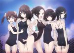  5girls :d ass back black_eyes black_hair breasts brown_hair competition_swimsuit fence glasses highres kawagishi_keitarou kirizuka_shino looking_at_viewer multiple_girls muted_color one-piece_swimsuit open_mouth original red_eyes school_swimsuit smile swimsuit teeth twintails 
