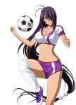  1girl black_hair breasts cleavage collarbone crop_top eyebrows eyebrows_visible_through_hair football_(object) hair_over_one_eye ikkitousen kan&#039;u_unchou large_breasts long_hair low-tied_long_hair navel one_leg_raised purple_shorts shiny shiny_skin short_shorts shorts simple_background smile soccer_uniform solo sportswear thigh-highs very_long_hair white_background white_legwear 