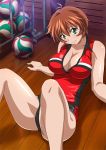  1girl ball breasts brown_hair chinkyuu_koudai cleavage collarbone eyebrows eyebrows_visible_through_hair green_eyes hair_between_eyes ikkitousen indoors large_breasts looking_at_viewer shiny short_hair shorts smile solo 