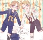  2boys ahoge america_(hetalia) axis_powers_hetalia bear black_legwear blonde_hair blue_eyes canada_(hetalia) character_name child glasses holding_hands kneehighs kumajirou_(hetalia) male_focus multiple_boys one_eye_closed open_mouth sailor saku_anna shorts smile suspenders translation_request v white_legwear younger 