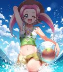  1girl ;d ball beachball green_eyes ha-chan_(mahou_girls_precure!) hanami_kotoha hat long_hair looking_at_viewer mahou_girls_precure! midriff naokado navel ocean one_eye_closed open_mouth partially_submerged pink_hair precure smile solo sun sunlight swimsuit twintails 