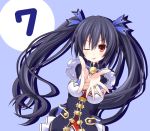 1girl 7-tan bare_shoulders black_hair blush breasts cleavage hair_ornament long_hair looking_at_viewer neptune_(series) noire one_eye_closed red_eyes smile solo taka_(suigendou) tongue tongue_out twintails 