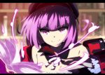  1girl bare_shoulders beret book bookshelf fate/grand_order fate_(series) hat helena_blavatsky_(fate/grand_order) looking_at_viewer open_book shiime short_hair smile solo violet_eyes 
