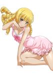  1girl blonde_hair breasts cleavage collarbone dress drill_hair eyebrows eyebrows_visible_through_hair ikkitousen long_hair looking_at_viewer minamoto_kurou_yoshitsune_(ikkitousen) pink_dress simple_background small_breasts smile solo white_background yellow_eyes 