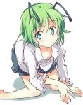  1girl all_fours antennae bare_legs barefoot black_shorts blush breasts commentary_request green_eyes green_hair leaning_forward long_sleeves looking_at_viewer no_bra shirt short_hair shorts small_breasts smile solo suichuu_hanabi touhou white_background white_shirt wriggle_nightbug 