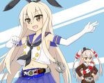  &gt;:d 2girls :d amatsukaze_(kantai_collection) anchor_hair_ornament blonde_hair commentary_request crop_top crop_top_overhang dress elbow_gloves female gloves hair_ornament hair_tubes kame_rider kamen_rider kamen_rider_drive kamen_rider_drive_(series) kamen_rider_mach kantai_collection lifebuoy light_brown_eyes long_hair midriff multiple_girls navel open_mouth parody pleated_skirt red_eyes rider_belt sailor_collar sailor_dress shift_car shimakaze_(kantai_collection) silver_hair skirt smile two_side_up 