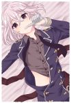  1boy biting glove_biting gloves honebami_toushirou loose_necktie lying male_focus military military_uniform necktie nishiki_koi on_back touken_ranbu unbuttoned uniform violet_eyes white_gloves white_hair 