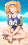  1girl beach blush breasts commentary_request competition_swimsuit crossed_legs hair_ornament hairband highres i-26_(kantai_collection) jacket kantai_collection large_breasts name_tag ocean one-piece_swimsuit orange_eyes orange_hair sandals sandals_removed school_swimsuit shiny shiny_skin sitting smile swimsuit two_side_up untsue 