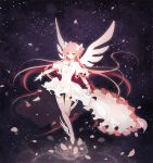  1girl bow choker cleavage_cutout dress frilled_sleeves frills gem gloves goddess_madoka hair_bow kaname_madoka leaf_(artist) long_hair mahou_shoujo_madoka_magica outstretched_arms petals pink_hair pink_legwear shoes sky solo spread_arms star_(sky) starry_sky thigh-highs two_side_up white_bow white_dress white_gloves white_wings winged_shoes wings yellow_eyes zettai_ryouiki 