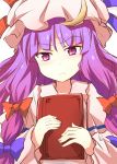  &gt;:( 1girl annoyed bangs blue_bow blue_ribbon blunt_bangs blush book book_hug bow capelet closed_mouth commentary_request crescent hair_bow hat hat_ribbon holding holding_book long_hair looking_at_viewer mob_cap pajamas patchouli_knowledge pink_eyes purple_hair red_bow red_ribbon ribbon sidelocks slit_pupils solo suichuu_hanabi touhou upper_body 