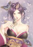  1girl bare_shoulders breasts brown_eyes butterfly butterfly_background cleavage collarbone earrings hair_ornament hair_stick japanese_clothes jewelry jyan_borii kimono large_breasts nail_polish nouhime_(sengoku_musou) purple_hair purple_nails sengoku_musou solo upper_body 