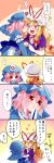  &gt;_&lt; ... 2girls 4koma :d :o arm_garter blonde_hair blue_dress blue_kimono blush bow cheek_licking chibi closed_eyes comic commentary_request cup dress elbow_gloves face_licking flying_sweatdrops frilled_shirt_collar frills gloves hair_bow hat hat_ribbon heart highres hug japanese_clothes kasuura_(cacula) licking long_hair long_sleeves mob_cap multiple_girls neck_ribbon open_mouth pink_hair puffy_short_sleeves puffy_sleeves purple_dress red_bow red_eyes red_ribbon ribbon saigyouji_yuyuko sash short_hair short_sleeves sidelocks smile spoken_ellipsis surprised sweat teacup touhou translation_request triangular_headpiece twitching upper_body violet_eyes white_gloves wide_sleeves xd yakumo_yukari yuri 