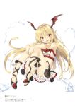  1girl :d absurdres armpits bare_arms bare_shoulders black_bow black_panties black_shoes black_skirt blonde_hair blush bow brown_eyes fang flower frills full_body granblue_fantasy head_tilt head_wings high_heels highres knees_up long_hair looking_at_viewer no_socks open_mouth panties pantyshot pantyshot_(sitting) peko pointy_ears polka_dot polka_dot_panties red_rose rose shoes simple_background sitting skirt smile solo text toenails toes tooth translation_request underwear upskirt vampy very_long_hair white_background 