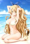  1girl arms_up artist_name barefoot beach bikini blonde_hair blue_sky breasts cat_tail clouds disgaea groin hair_ornament hair_ribbon hairband highres iwasi-r large_breasts liezerota looking_at_viewer navel ocean pointy_ears ribbon sand sky smile solo swimsuit tail water white_bikini yellow_eyes 