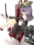  1girl black_gloves blush breasts chair commentary glaive gloves gomasamune highres kantai_collection mechanical_halo medium_breasts polearm purple_hair red_eyes shoes short_hair sitting smile tatsuta_(kantai_collection) weapon 