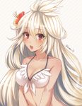  1girl bikini blush breasts cleavage eyebrows eyebrows_visible_through_hair flower granblue_fantasy hair_flower hair_ornament kamanatsu long_hair looking_at_viewer open_mouth red_eyes sketch solo swimsuit the_order_grande twitter_username white_hair 