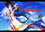  1girl adapted_costume bangs basket black_hat blue_bow blue_hair bow clouds cloudy_sky dress dutch_angle food fruit hat hinanawi_tenshi holding holding_hat large_bow long_dress long_hair looking_at_viewer open_mouth peach rainbow_gradient rainbow_order red_bow red_eyes short_sleeves sky smile solo standing tetsurou_(fe+) touhou 