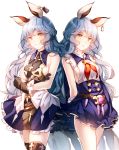  2girls :o animal_ears blue_hair breasts brown_gloves dual_persona earrings ferry_(granblue_fantasy) gloves granblue_fantasy jewelry long_hair looking_at_viewer miya_(izumi369) multiple_girls simple_background smile white_background yellow_eyes 