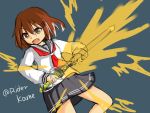  &gt;:d 1girl :d brown_eyes brown_hair commentary_request fang female hair_ornament hairclip ikazuchi_(kantai_collection) kame_rider kamen_rider kamen_rider_fourze kamen_rider_fourze_(series) kantai_collection neckerchief open_mouth parody pleated_skirt school_uniform serafuku short_hair sketch skirt smile solo twitter_username 