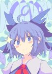  &gt;:) (9) 1girl ahoge blue_eyes blue_hair blush_stickers bow cirno dress english hair_bow ice ice_wings looking_at_viewer short_hair smile solo sparkle symbol-shaped_pupils touhou uchisukui upper_body wings 