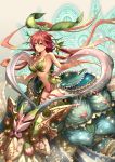  1girl bare_shoulders breasts flower granblue_fantasy hair_flower hair_ornament highres i-la leaf leaf_on_head long_hair looking_at_viewer low_twintails navel redhead solo twintails very_long_hair yellow_eyes yggdrasill_(granblue_fantasy) 
