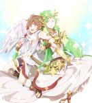  1boy 1girl angel blush breasts brown_hair cleavage dress gloves green_eyes green_hair hair_ornament jewelry kid_icarus kid_icarus_uprising long_hair one_eye_closed open_mouth palutena pit_(kid_icarus) short_hair smile sobame_shi_o thigh-highs violet_eyes white_legwear wings 