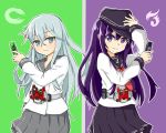  &gt;:) 2girls akatsuki_(kantai_collection) commentary female flat_cap gaia_memory grey_eyes hat henshin_pose hibiki_(kantai_collection) kame_rider kamen_rider kamen_rider_double kamen_rider_w kantai_collection long_hair multiple_girls neckerchief pleated_skirt purple_hair rider_belt school_uniform serafuku skirt verniy_(kantai_collection) violet_eyes 