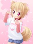  1girl :p animal_ears blonde_hair collar dog_collar dog_ears dog_tail highres inuarashi off_shoulder original pink_background red_eyes shirt short_hair t-shirt tail tongue tongue_out 